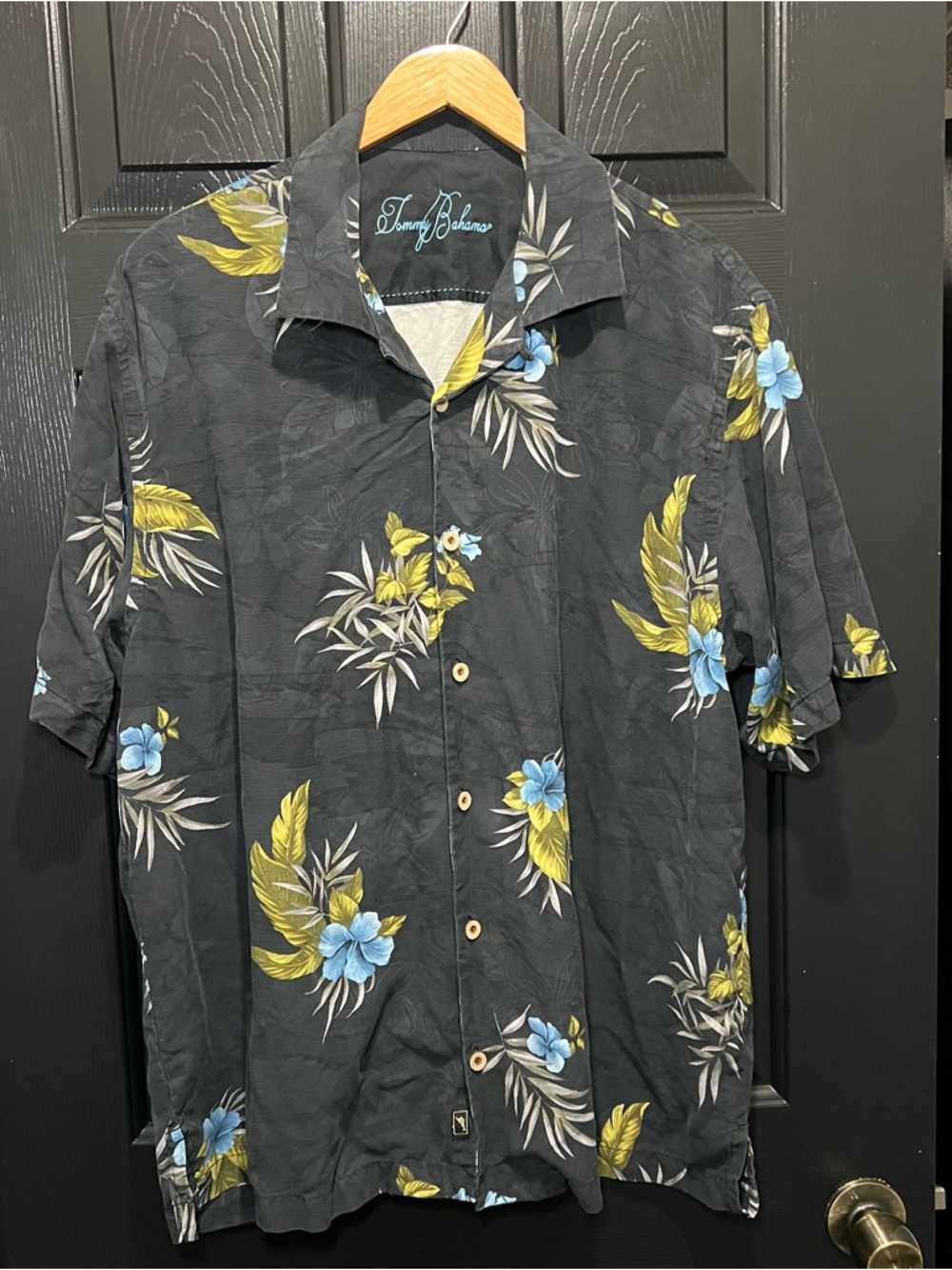 Tommy Bahama Black Short-Sleeve Hawaiian Shirt with Blue and Yellow Floral Print